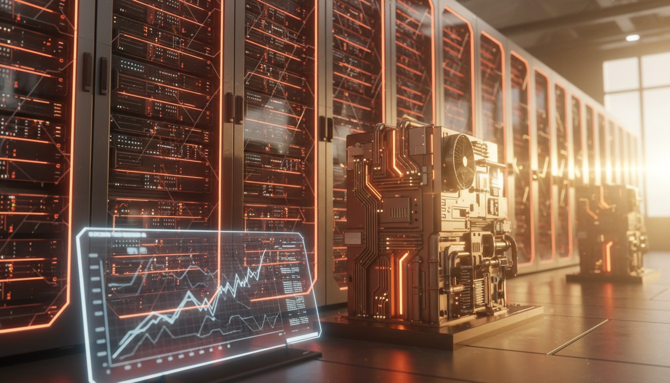 Server infrastructure rows in a data center representing high-density AI compute capacity