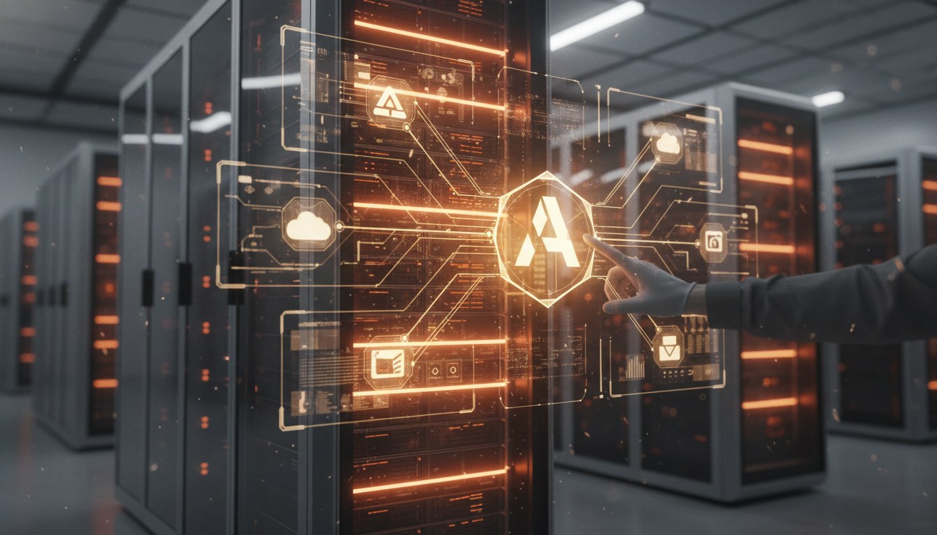 Enterprise IT architects reviewing AI integration diagrams showing interconnected business systems and agent orchestration layers