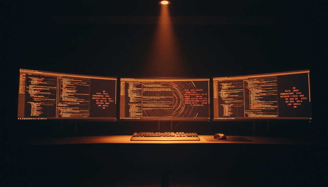 Dimly lit security operations center with monitors displaying vulnerability scan results