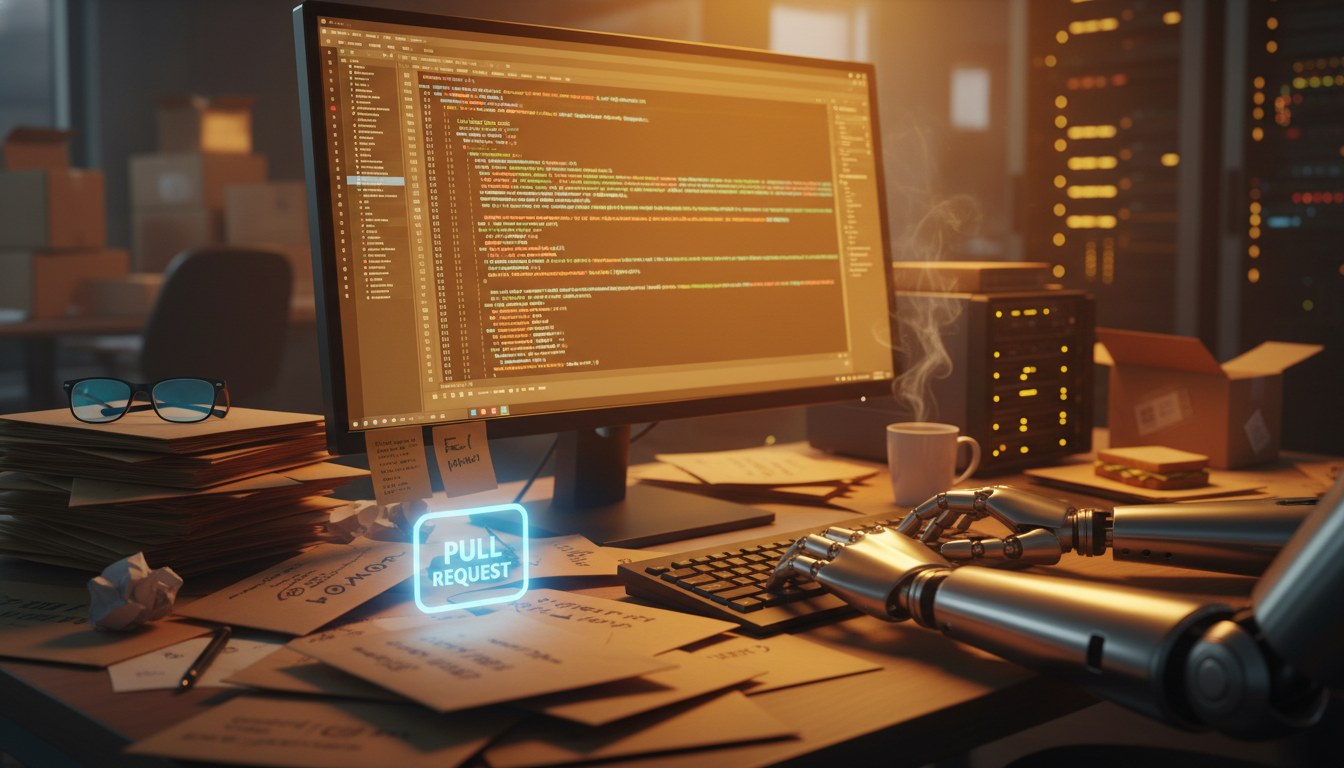 Developer at a workstation with multiple Claude Code terminal windows and a code review interface on dual monitors
