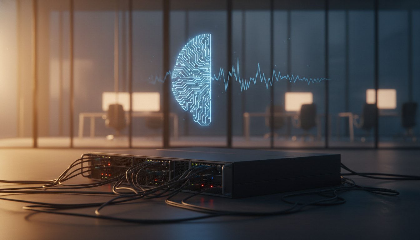 Enterprise data center infrastructure with monitoring dashboards showing service disruption alerts