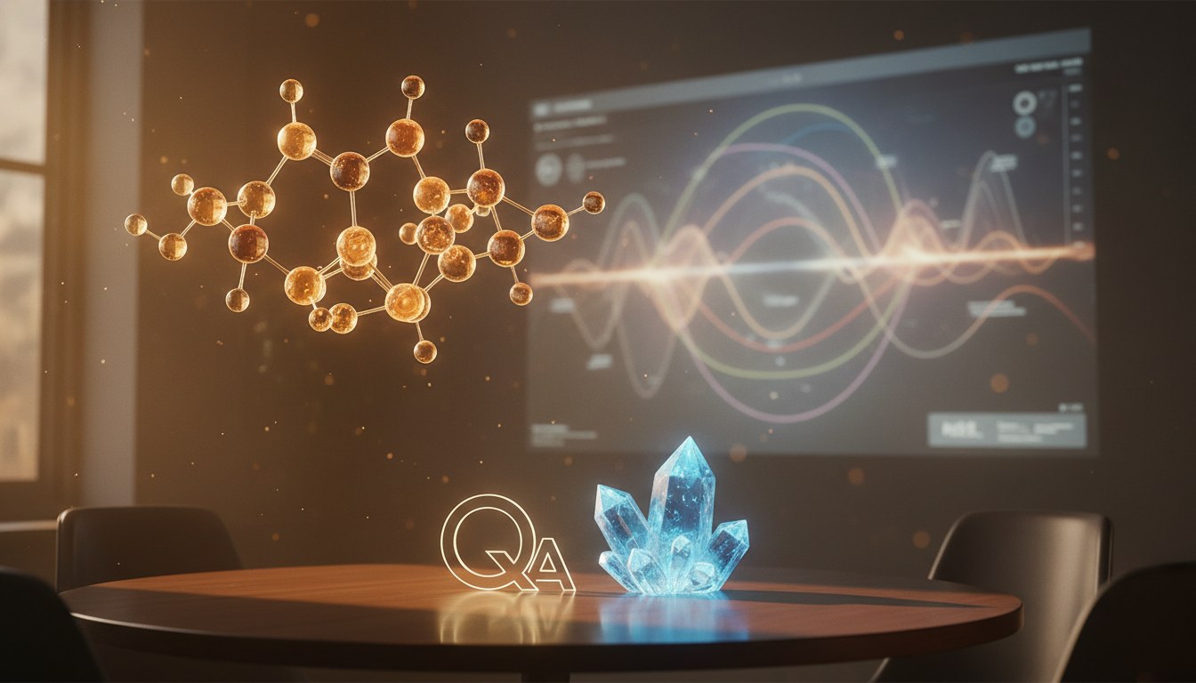 Researchers reviewing molecular simulation outputs and AI-assisted drug discovery analysis on laboratory screens
